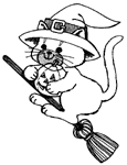 disegno di halloween: gattino con zucca su scopa